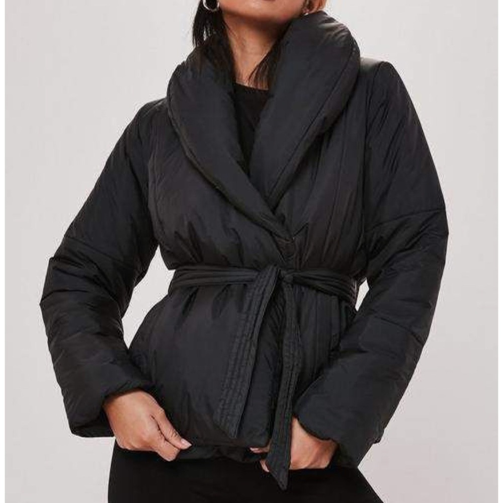 Black Puffer Jacket with Belt